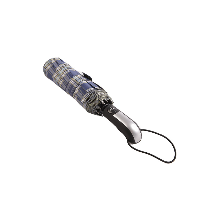 ダークストライプチェック柄ポンジー三つ折り傘-0E6B0533